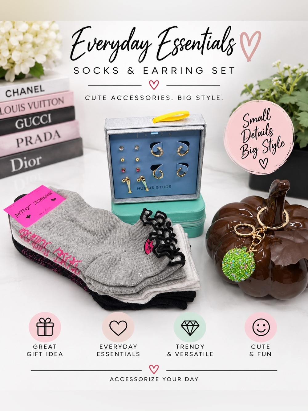 Everyday Essential NWT Betsey Johnson Socks Set, 6 earrings and bling bag charm
